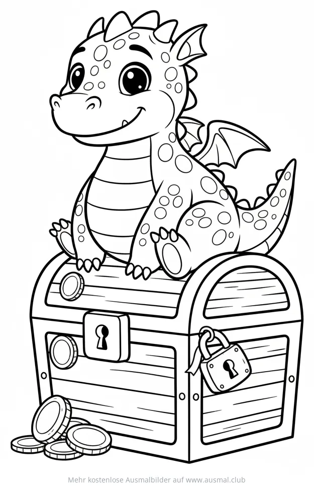 Drache sitzt auf einer verschlossenen Schatzkiste Ausmalbild