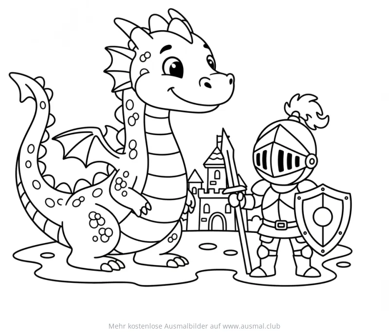 Drache und Ritter mit Schloss Ausmalbild