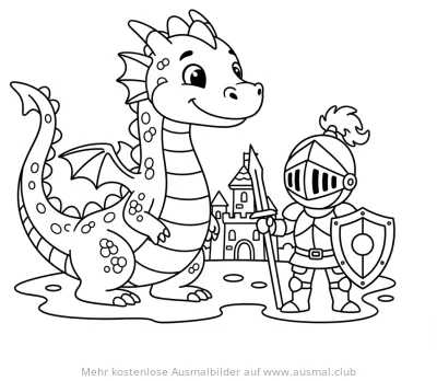 Drache und Ritter mit Schloss Ausmalbild