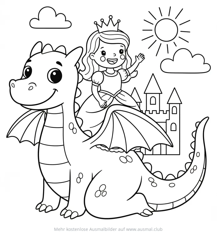 Drache mit Prinzessin vor Schloss Ausmalbild