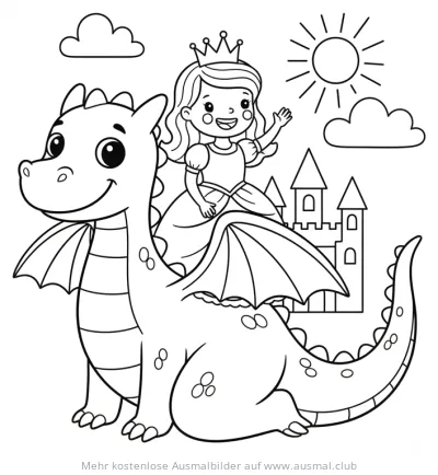 Drache mit Prinzessin vor Schloss Ausmalbild