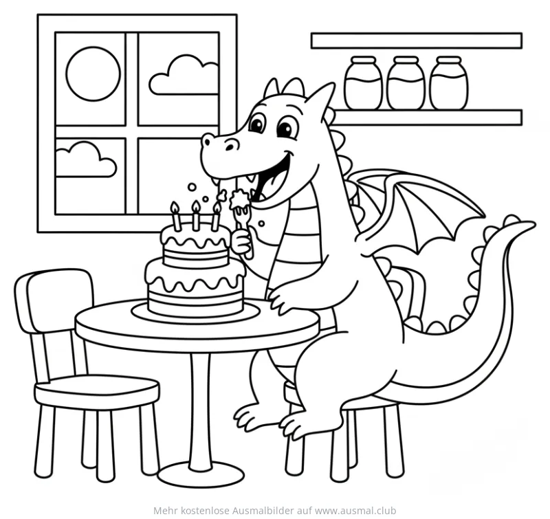 Drache isst Kuchen am Tisch Ausmalbild