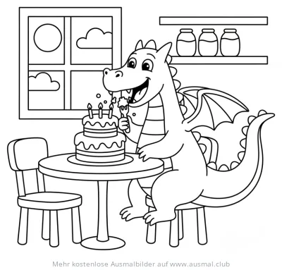 Drache isst Kuchen am Tisch Ausmalbild