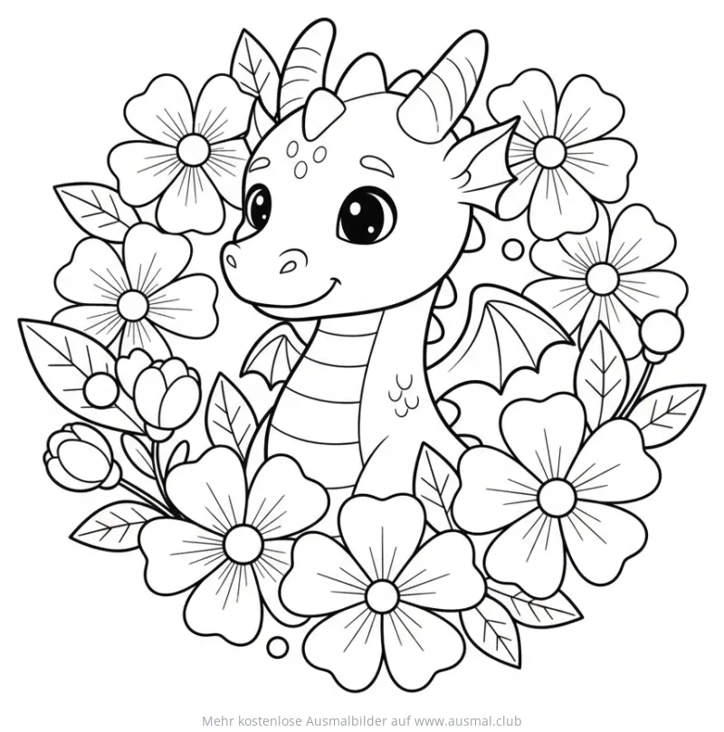 Niedlicher Drache im Blumenkranz Ausmalbild