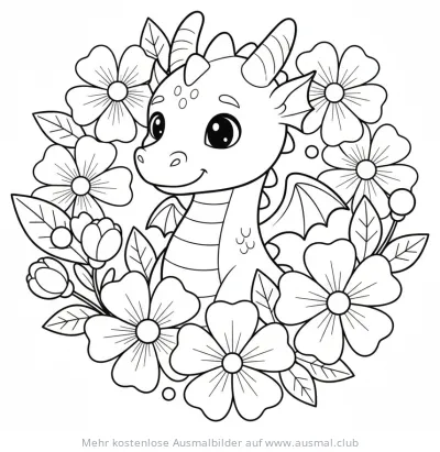 Niedlicher Drache im Blumenkranz Ausmalbild