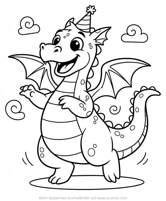 Tanzender Drache mit Partyhut Ausmalbild