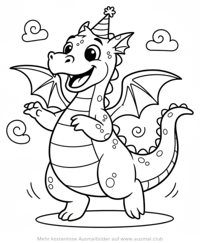 Tanzender Drache mit Partyhut Ausmalbild