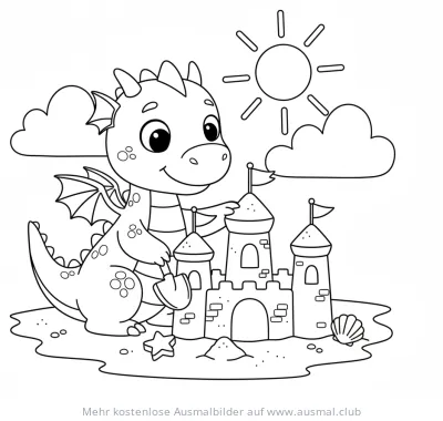 Drache baut Sandburg Ausmalbild