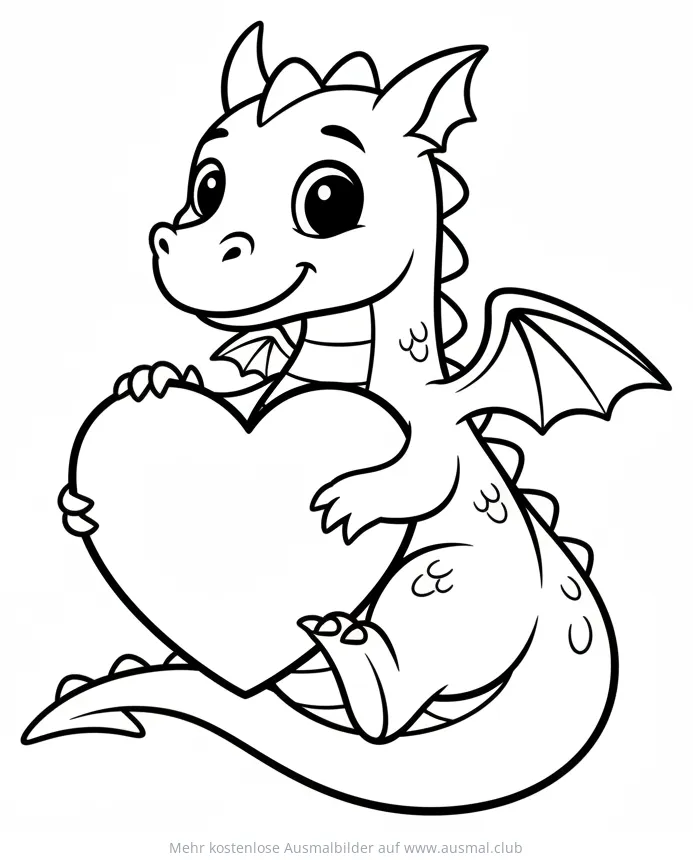 Niedlicher Drache hält Herz Ausmalbild