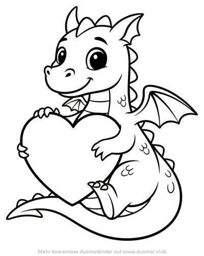 Niedlicher Drache hält Herz Ausmalbild