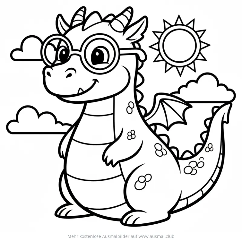 Drache mit Brille vor Wolken und Sonne Ausmalbild