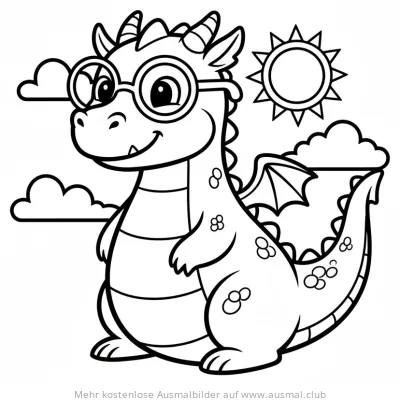 Drache mit Brille vor Wolken und Sonne Ausmalbild