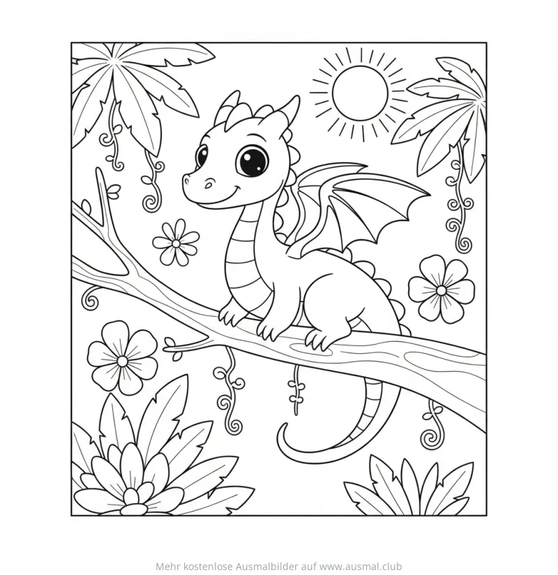 Freundlicher Drache sitzt auf Ast im Dschungel Ausmalbild