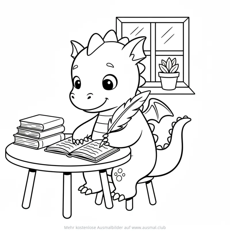 Drache schreibt in Buch Ausmalbild