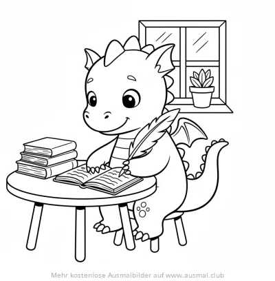 Drache schreibt in Buch Ausmalbild