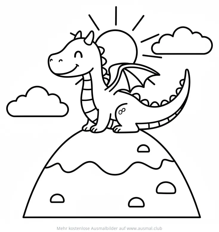 Drachen Ausmalbild auf einem Berg mit Sonne