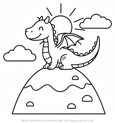 Drachen Ausmalbild auf einem Berg mit Sonne
