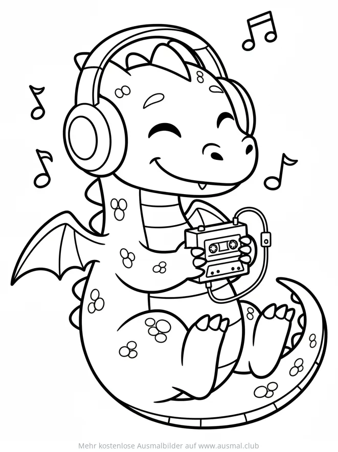 Drache mit Kopfhörern und Kassette Ausmalbild, umgeben von Noten