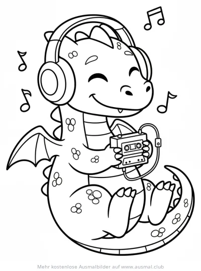 Drache mit Kopfhörern und Kassette Ausmalbild, umgeben von Noten