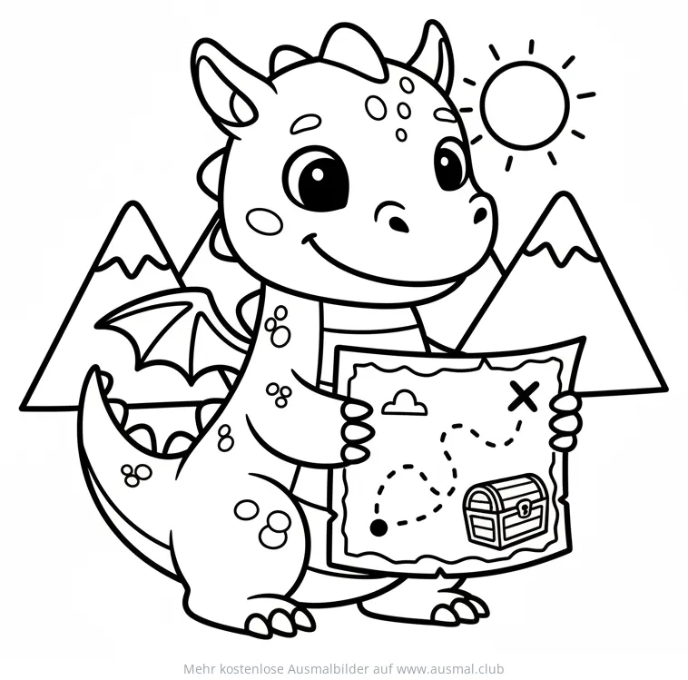 Freundlicher Drache hält eine Schatzkarte Ausmalbild mit Bergen im Hintergrund