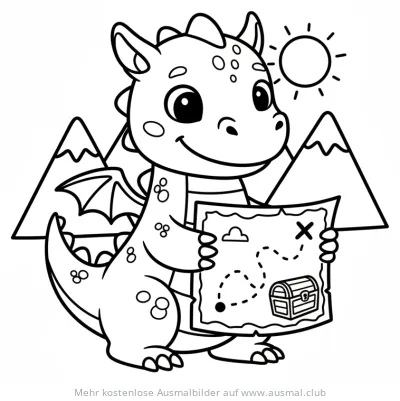 Freundlicher Drache hält eine Schatzkarte Ausmalbild mit Bergen im Hintergrund