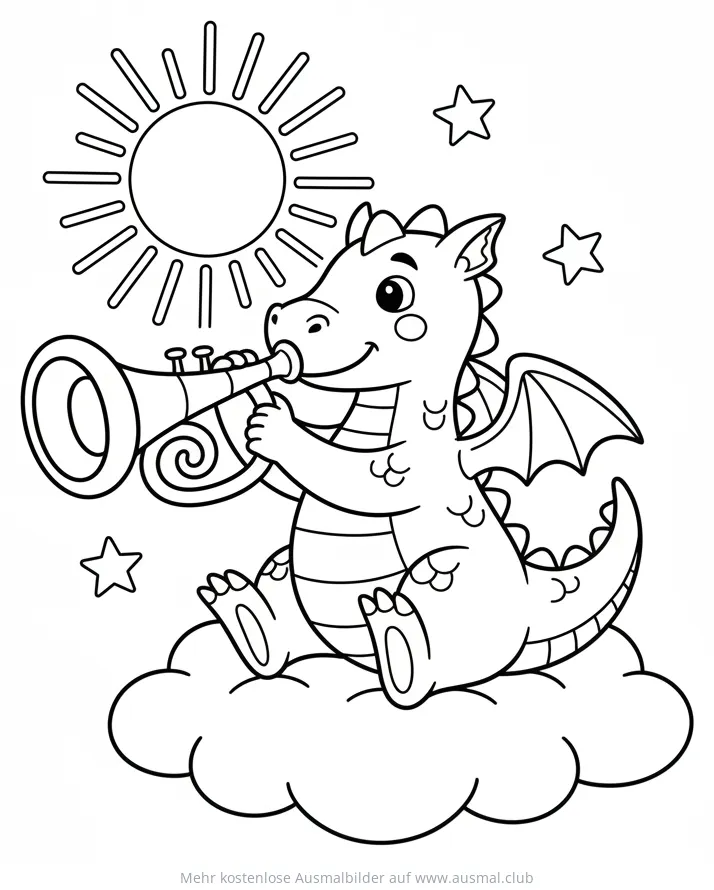 Drache spielt Trompete auf Wolke Ausmalbild
