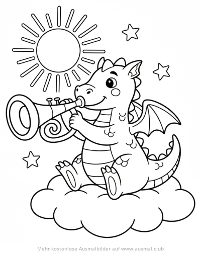 Drache spielt Trompete auf Wolke Ausmalbild