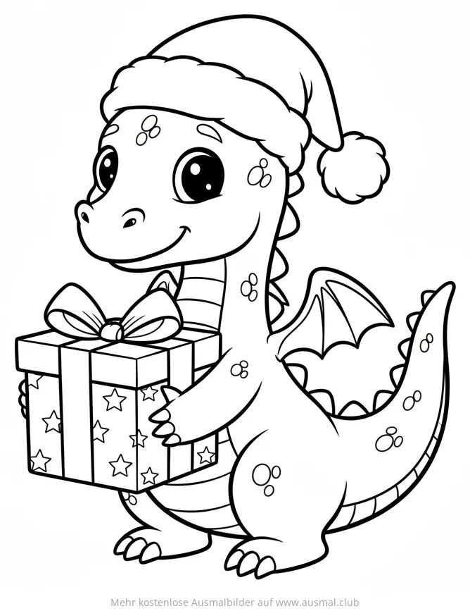 Weihnachtlicher Drache mit Mütze und Geschenk Ausmalbild