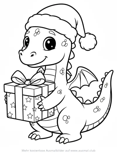 Weihnachtlicher Drache mit Mütze und Geschenk Ausmalbild