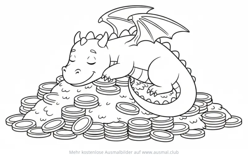 Schlafender Drache auf einem Berg aus Goldmünzen Ausmalbild
