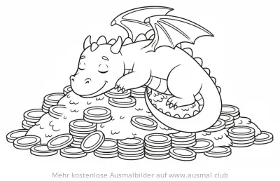 Schlafender Drache auf einem Berg aus Goldmünzen Ausmalbild