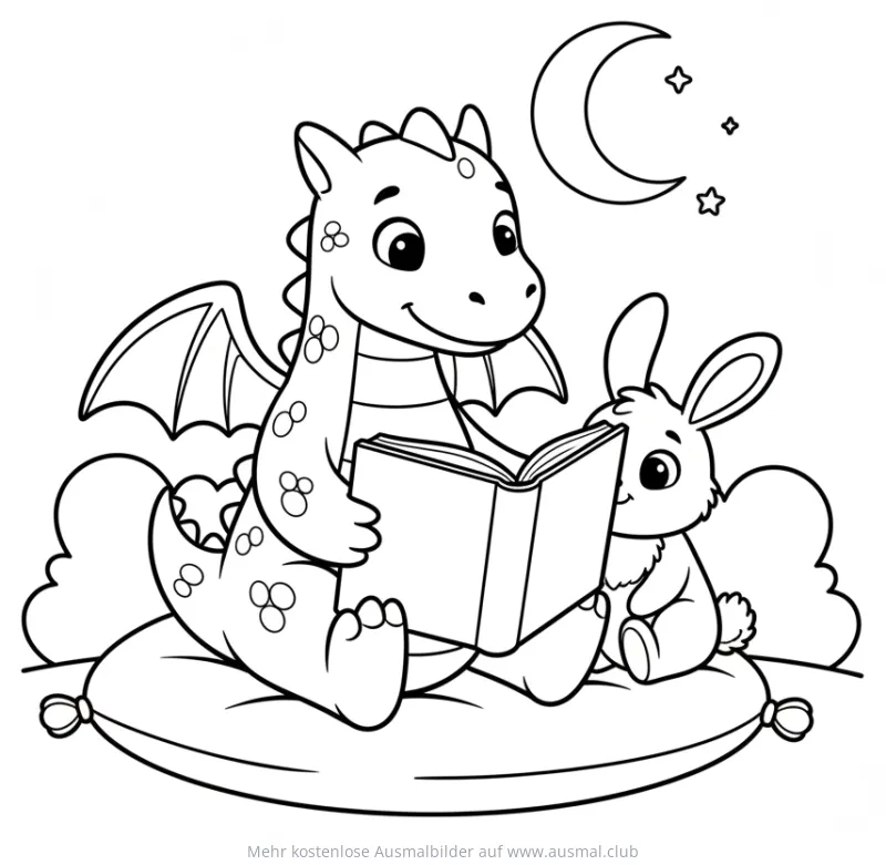 Drache liest einem Hasen vor Ausmalbild