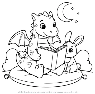 Drache liest einem Hasen vor Ausmalbild