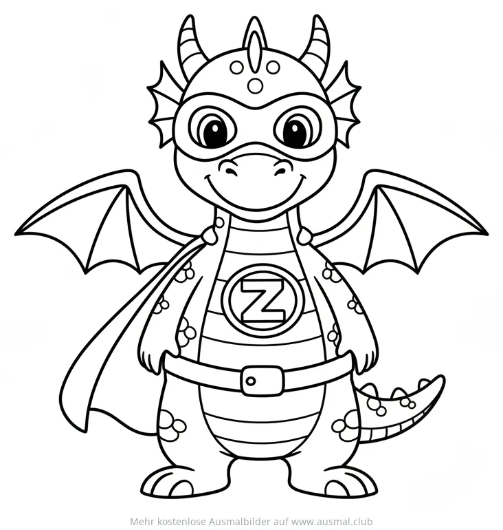 Drachen als Superheld mit Maske und Umhang Ausmalbild