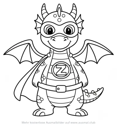 Drachen als Superheld mit Maske und Umhang Ausmalbild