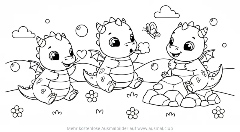 Drei niedliche Drachenkinder Ausmalbild