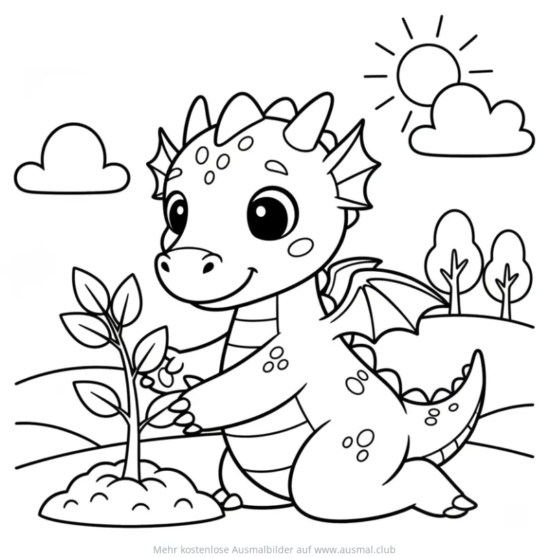Drache pflanzt Baum Ausmalbild