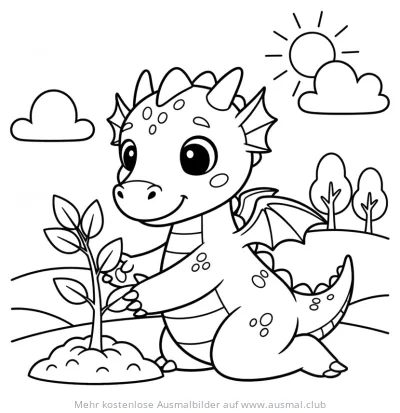 Drache pflanzt Baum Ausmalbild