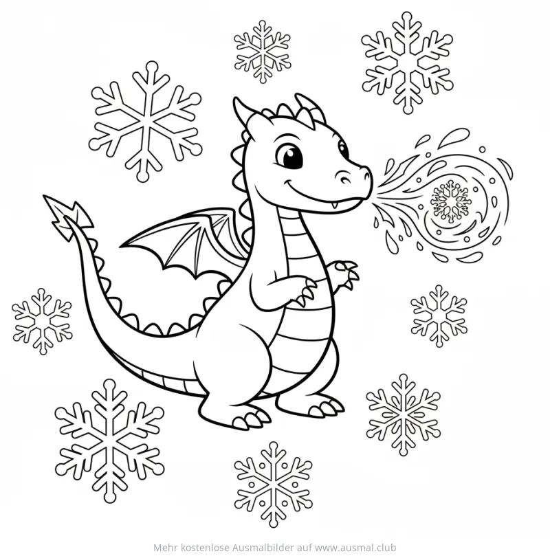 Eisdrache mit Schneeflocken Ausmalbild