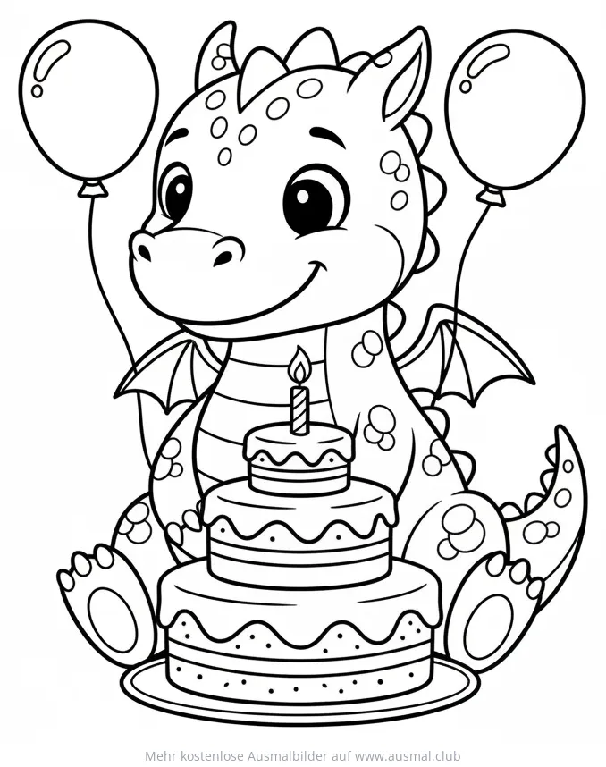 Niedlicher Drache mit Geburtstagstorte und Ballons Ausmalbild