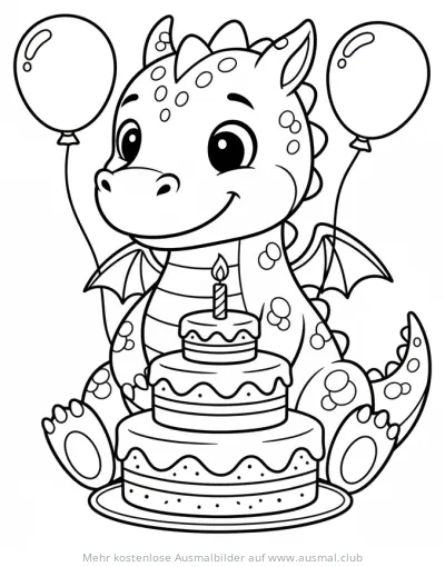 Niedlicher Drache mit Geburtstagstorte und Ballons Ausmalbild