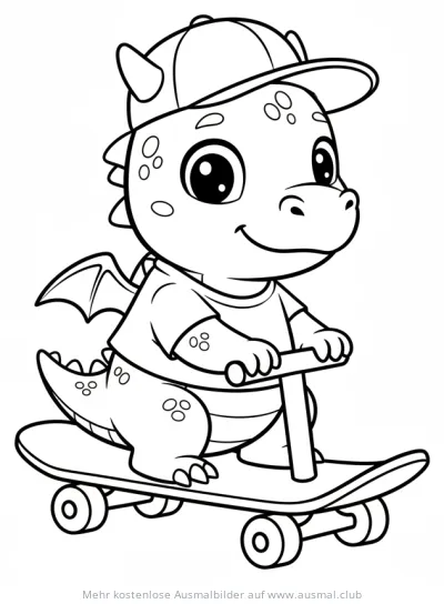 Cartoon Drache mit Basecap auf Skateboard Ausmalbild