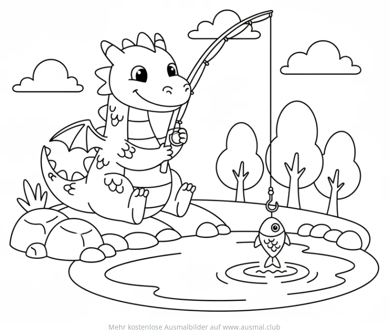 Drache sitzt beim Angeln am See Ausmalbild