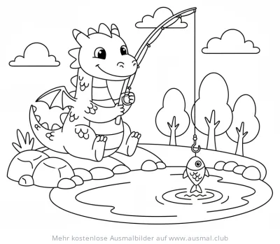 Drache sitzt beim Angeln am See Ausmalbild