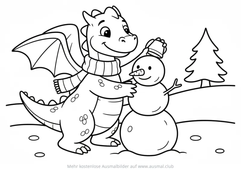Drache baut Schneemann Ausmalbild