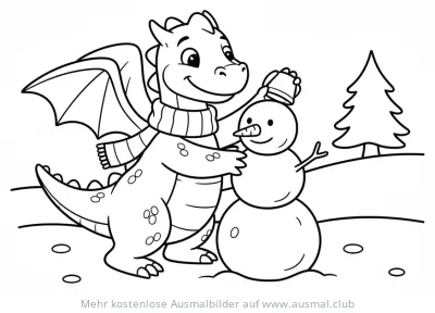 Drache baut Schneemann Ausmalbild