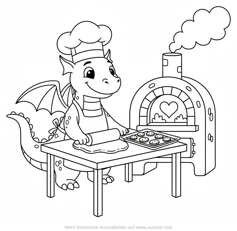 Drache als Bäcker backt Plätzchen Ausmalbild