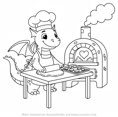 Drache als Bäcker backt Plätzchen Ausmalbild