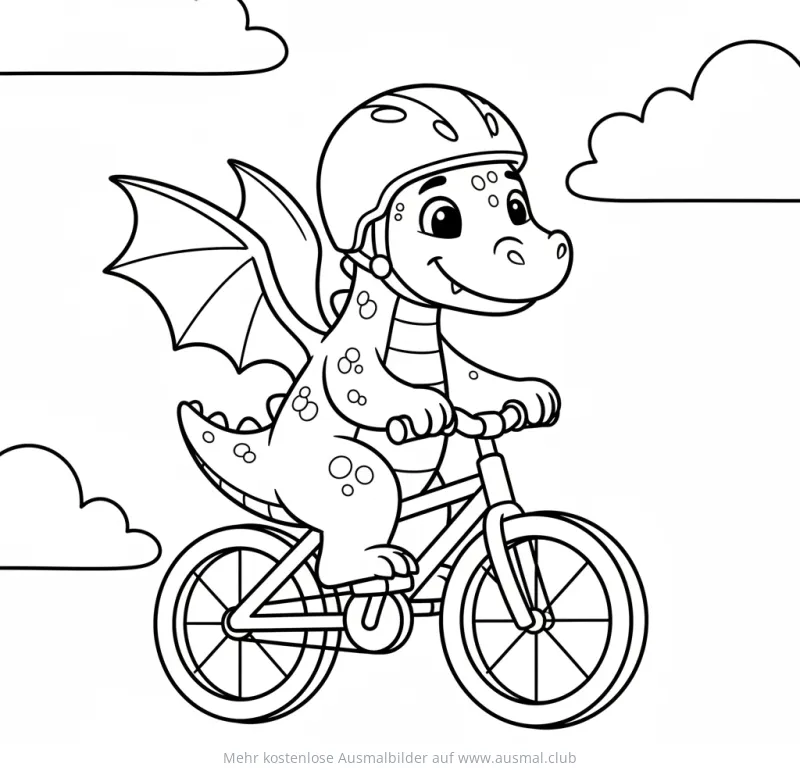 Drache mit Fahrradhelm fährt Fahrrad Ausmalbild