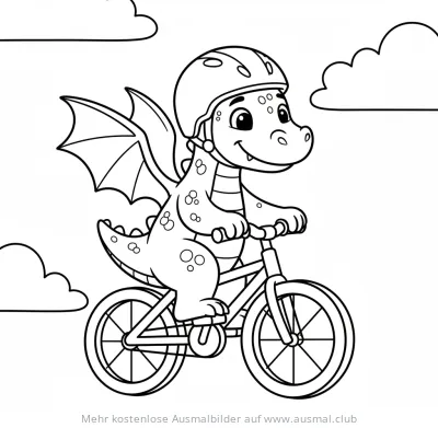 Drache mit Fahrradhelm fährt Fahrrad Ausmalbild